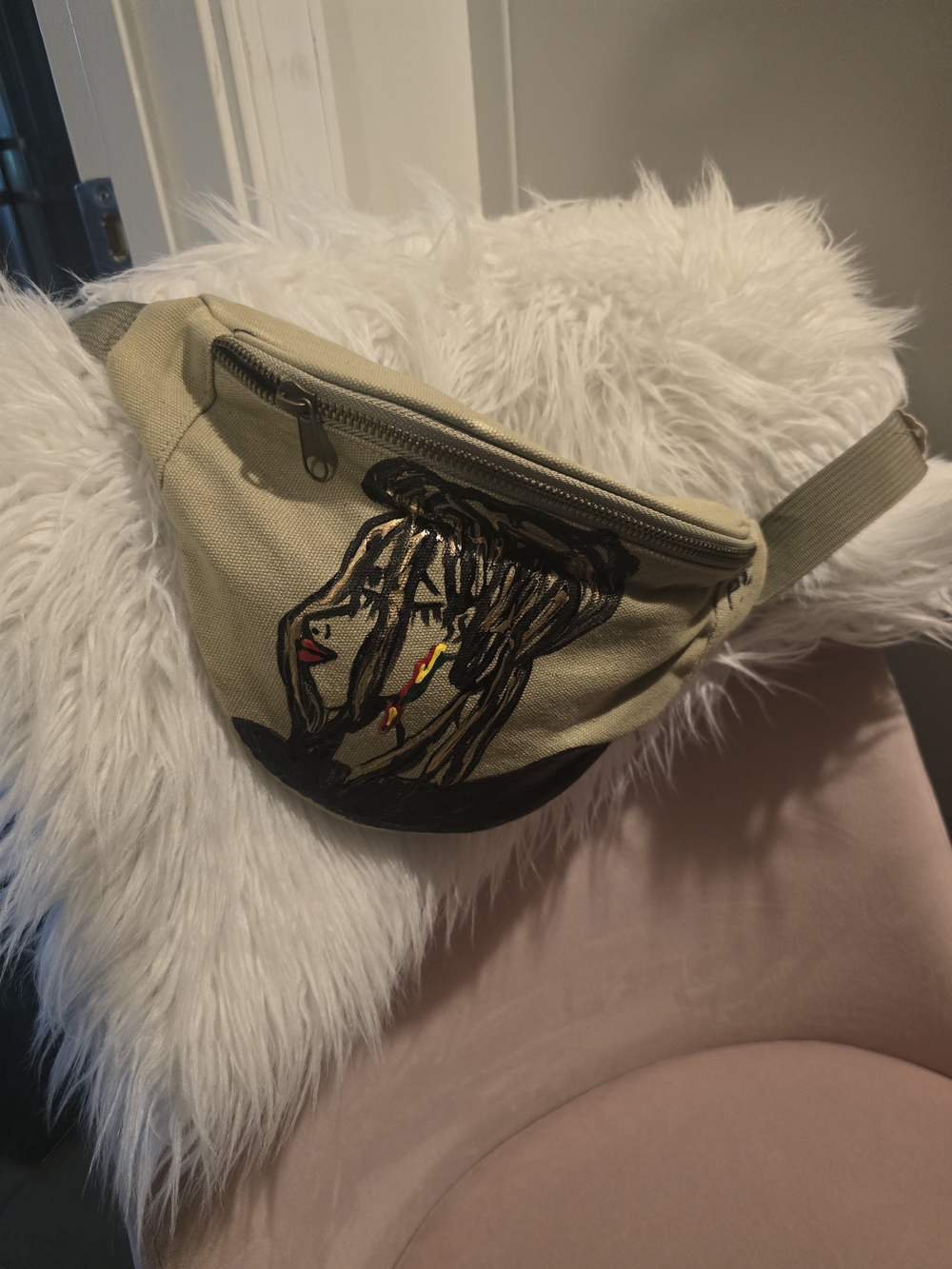 Canvas Waist Bag with Artistic Face Embroidery - Khaki